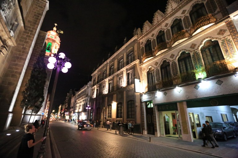 One of the streets brightly lit up at night