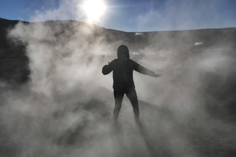 Katie, silhouette - in the safe zone.   Lollipop in hand, catching fumes of eggs from behind.