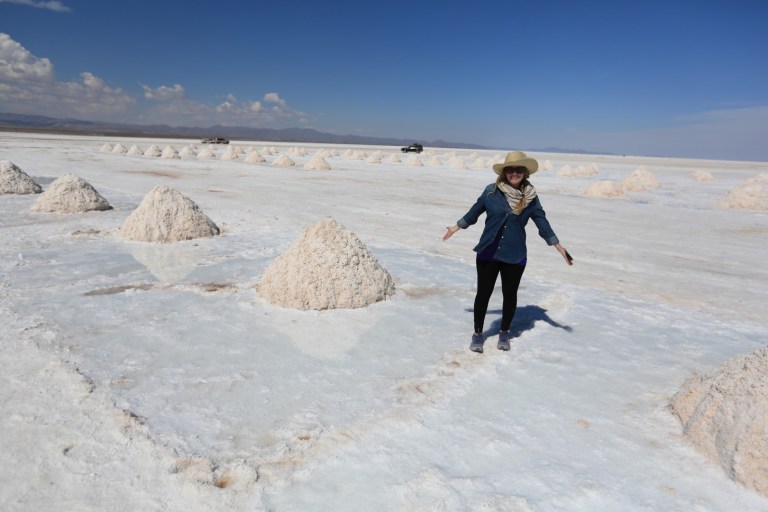 Katie getting between the production lines at the salt plant.