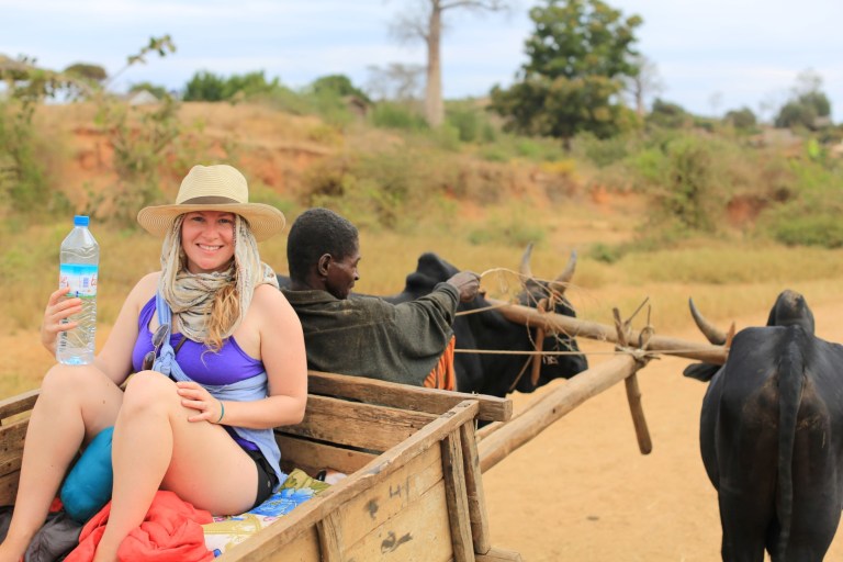 Katie in the zebu cart ... not exactly comfortable - but very interesting